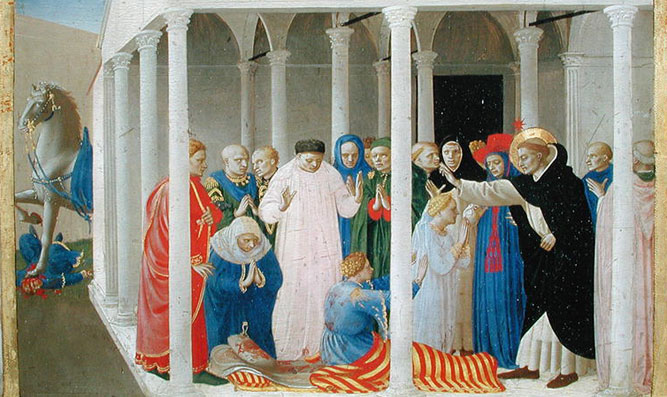 La Résurrection de Napoléon Orsini par St. Dominique, prédelle du Couronnement de la Vierge, c.1430-32, tempera, Fra Angelico