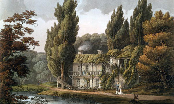 « La salle à manger du hameau de Marie-Antoinette » extrait de « Versailles, Paris et Saint-Denis », Londres,1809. Gravure d’après Jean-Claude Nattes.