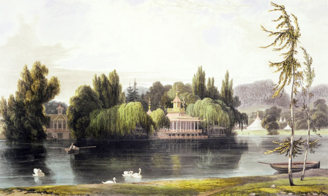 « Vue de Virginia Water avec Garden Temples » extrait des « Vues de Windsor, Eton et Virginia Water ». Lithographie de Daniell William, vers 1828.