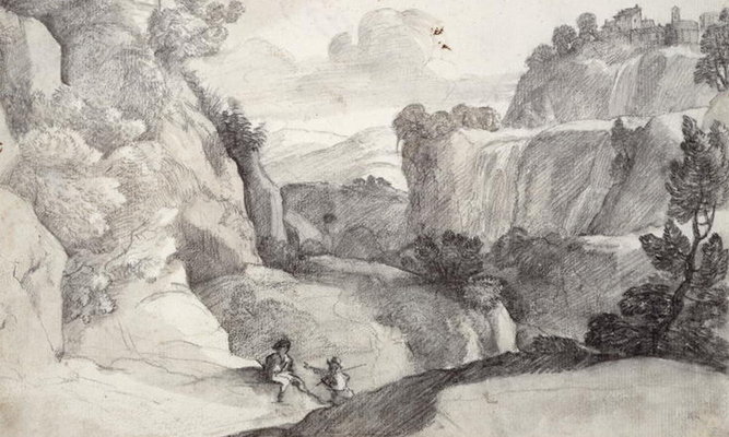 Les cascades de Tivoli, encre sur papier, Claude Lorrain