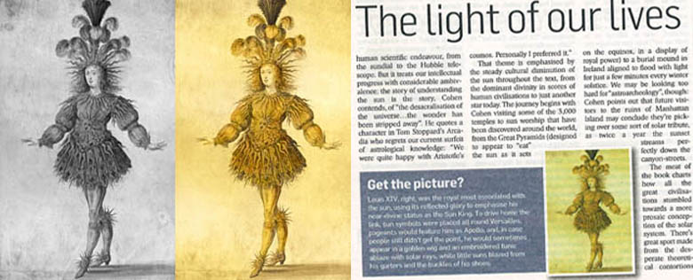King Louis XIV of France in the costume of the Sun King in the ballet 'La Nuit', 1653 (original and later colouration). The transformed Sun King is used to illustrate an article in Sunday Times Culture. 24.10.10  