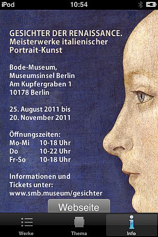 screensaver of the app for The exhibition, Gesichter der Renaissance (Faces of the Renaissance) at the Bode Museum on Museum Island in Berlin