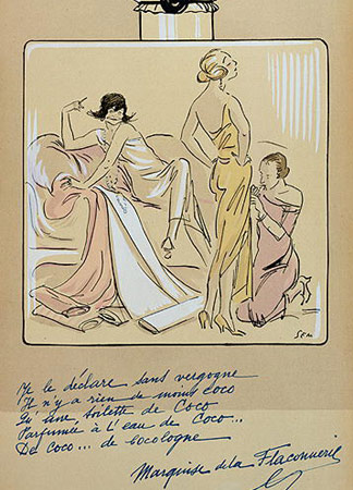 Caricature de Coco Chanel (1883-1971dans un flacon de Chanel No.5, pour Le Nouveau Monde, 1923, dessin de Sem (Georges Goursat) (1863-1934)