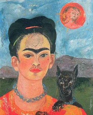 ART191446 Frida Kahlo (1910-54) , Self Portrait with Itxcuintli Dog and Sun