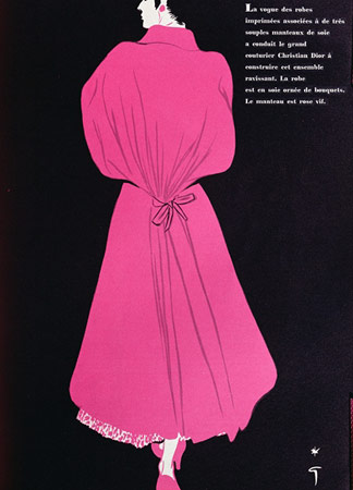 Dessin pour une robe de Christian Dior (1905-57) pour la  collection printemps 1953, L'Officiel de la Couture et de la Mode de Paris, dessin par René Gruau (1909-2004)