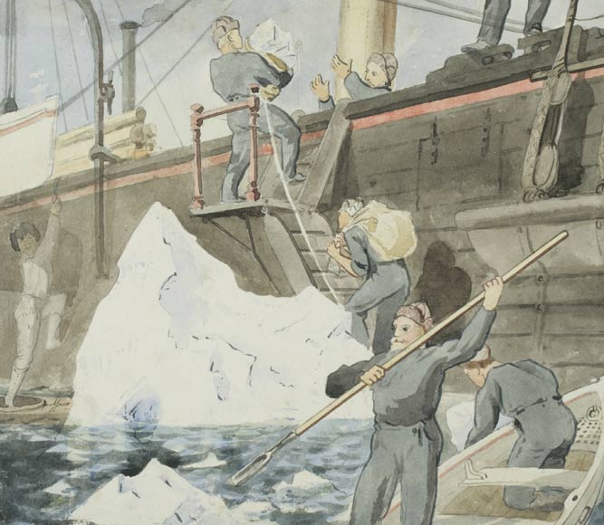 Watering ship from an iceberg, 14 July 1875 (British Artic Expedition (1875-76) led by Sir George Strong Nares) - Watercolour of Edward Lawton Moss