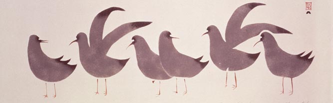 Mungltok Seagulls on arctic ice, from Cape Dorset (seal skin stencil), Inuit School / Private Collection