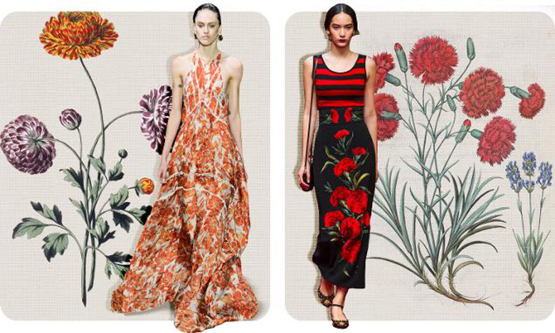 Images: Ranunculus / John Edwards, The Stapleton Collection / Carnations and Lavender, The Stapleton Collection / Bridgeman Images. Fashion: Altuzarra (left) and Dolce & Gabbana (right): Photo credit: Yahoo Style