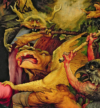 XJL62331 Demons Armed with Sticks, detail from the Isenheim Altarpiece (oil on panel) by Matthias Grunewald/ Musee d'Unterlinden, Colmar, France