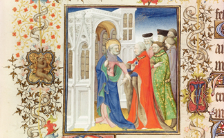 BLY159984 St. Peter Leading Jean de France Duke of Berry into Paradise from the Grandes Heures de Duc de Berry, 1409 (vellum) by Limbourg Brothers/ Bibliotheque Nationale, Paris, France/ Giraudon