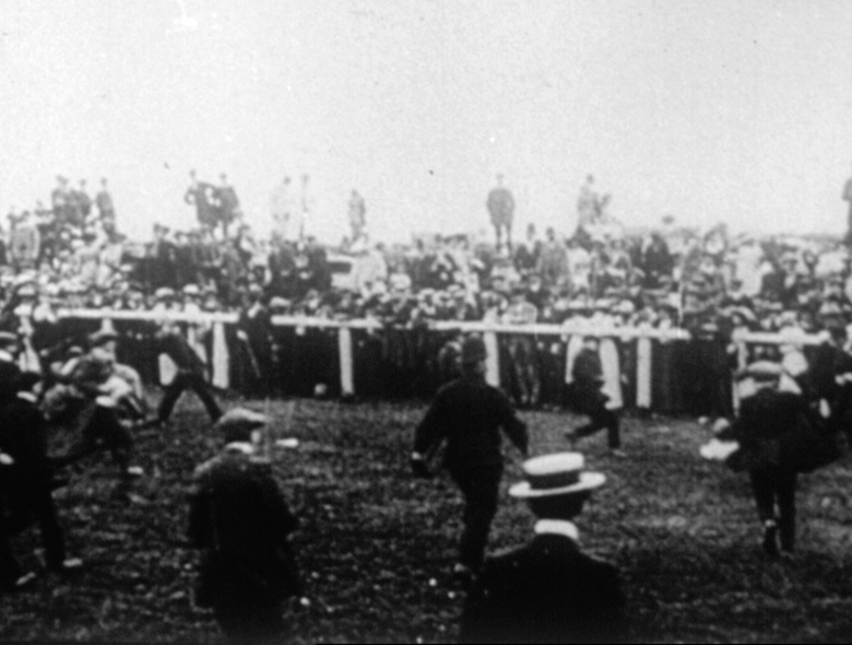 Frame from the clip in which Suffragette Emily Davidson is hit by galloping horse at the Espom Derby, 4th June 1913 / Film Images / Bridgeman Footage