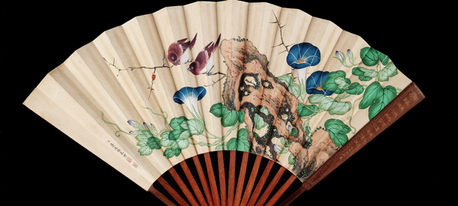 FSG325573 Fan decorated with small birds and morning glories (ink & colour on paper) by Qing Dynasty Chinese School (1644-1912)</BR>Freer Gallery of Art, Smithsonian Institution, USA