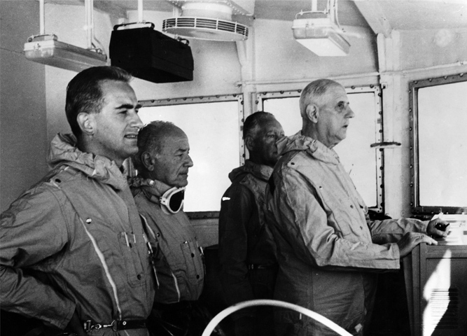 The first thermo-nuclear explosion at Hao in the Pacific Ocean, aboard the cruiser De Grasse in the presence of General de Gaulle, Pierre Messmer, Pierre Billotte, and Alain Peyrefitte, 11 September 1966 