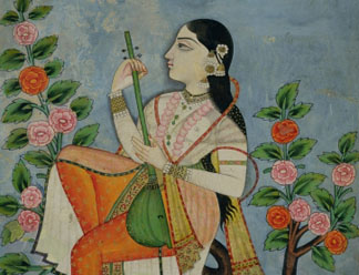 Woman with tambur, seated on the branch of a tree, Goloconda, c.1680 (w/c & gold on paper) by Indian School, (17th century)