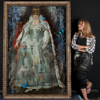 Image of  Ingrid pictured alongside her commissioned painting, The World is Your Oyster, 2012 (layered mixed media, 80