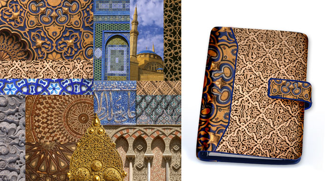 Composite of Islamic images from the Bridgeman archive. Mock up of address book.
