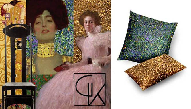 Klimt composite from Bridgeman archive. Mock up of cushions.