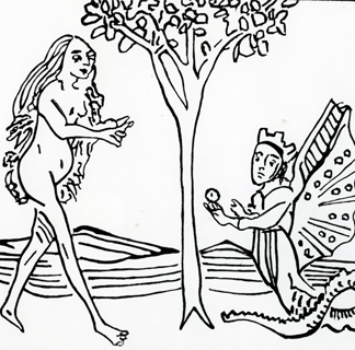 Lilith offers the apple to Eve, woodcut from 'Speculum Humanae Salvationis', after the original of 1470, German School / Private Collection 