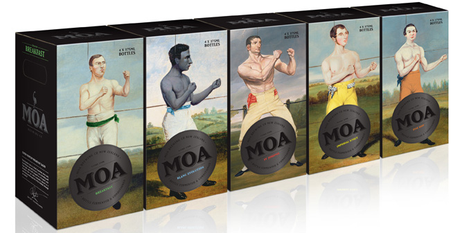 Moa Beer Reserve Range packaging with images of bare knuckle fighters from the Bridgeman archive.