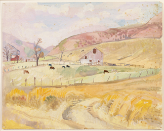 Barn and Cattle (tempera on paper) by Pierre Daura. Pre-restoration. Virginial Historical Society