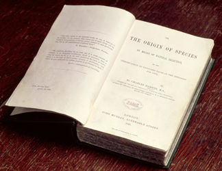 93709  T03669 The Origin of the Species, first edition open at the titlepage, written by Charles Darwin (1809-82), pub. by John Murray, 1859 (photo), Natural History Museum, London, UK