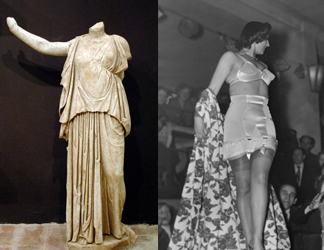Artemis, goddess of hunting (c. 3rd - 1st century BC) / Tarker; An underwear model poses on the catwalk at a fashion show, 1949 (b/w photo) / SZ Photo