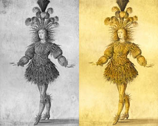 King Louis XIV of France in the costume of the Sun King in the ballet 'La Nuit', 1653 (original and later colouration), French School, (17th century) / Bibliotheque Nationale, Paris, France