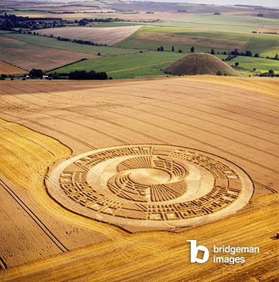 photograph of Crop circle in a wheat field near Silbury Hill, Avebury, Wiltshire, 2nd August 2004 (aerial photograph) © Francine Blake / Bridgeman Images