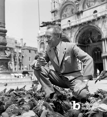 Il poeta, scrittore, regista e pittor Jean Cocteau in Piazza San Marco (giocando con i piccioni) - Venezia - 1956 / Foto © Archivio Arici / Bridgeman Images