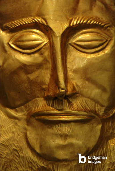 Mycenaean art. Greece. Funerary Mask of Agamemnon in gold foil embossing. / Tarker / Bridgeman Image