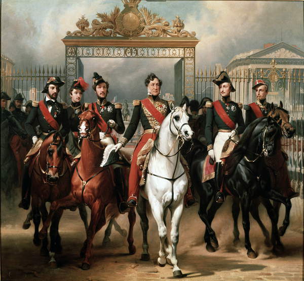 King Louis-Philippe surrounded by his five sons leaving by the gate of honor of the Palace of Versailles after having passed a military review in the courtyards, June 10, 1837, Horace Vernet (1789-1863) / Château de Versailles, France / Luisa Ricciarini / Bridgeman Images